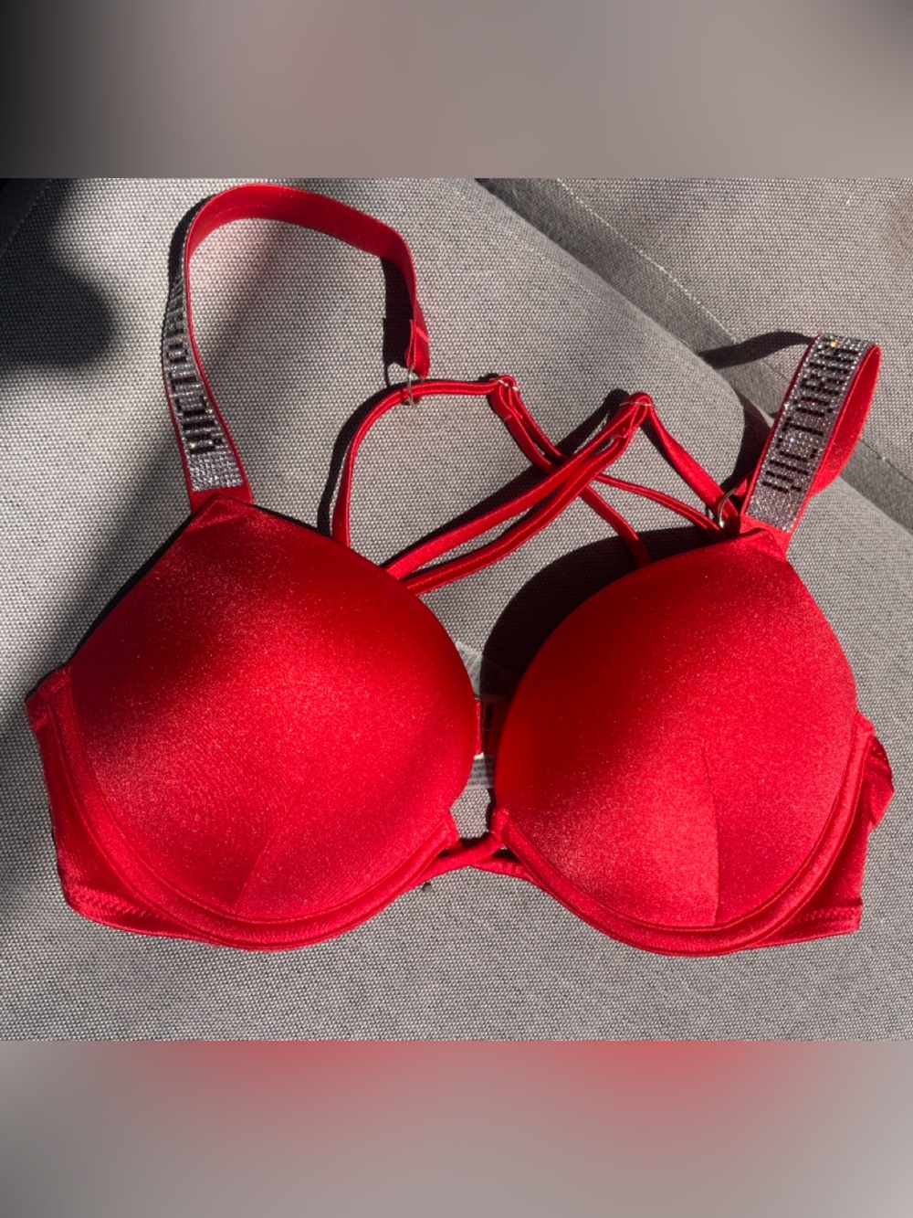 Victoria's Secret Red Rhinestone Straps Push-Up Swim Bikini Top LIKE NEW